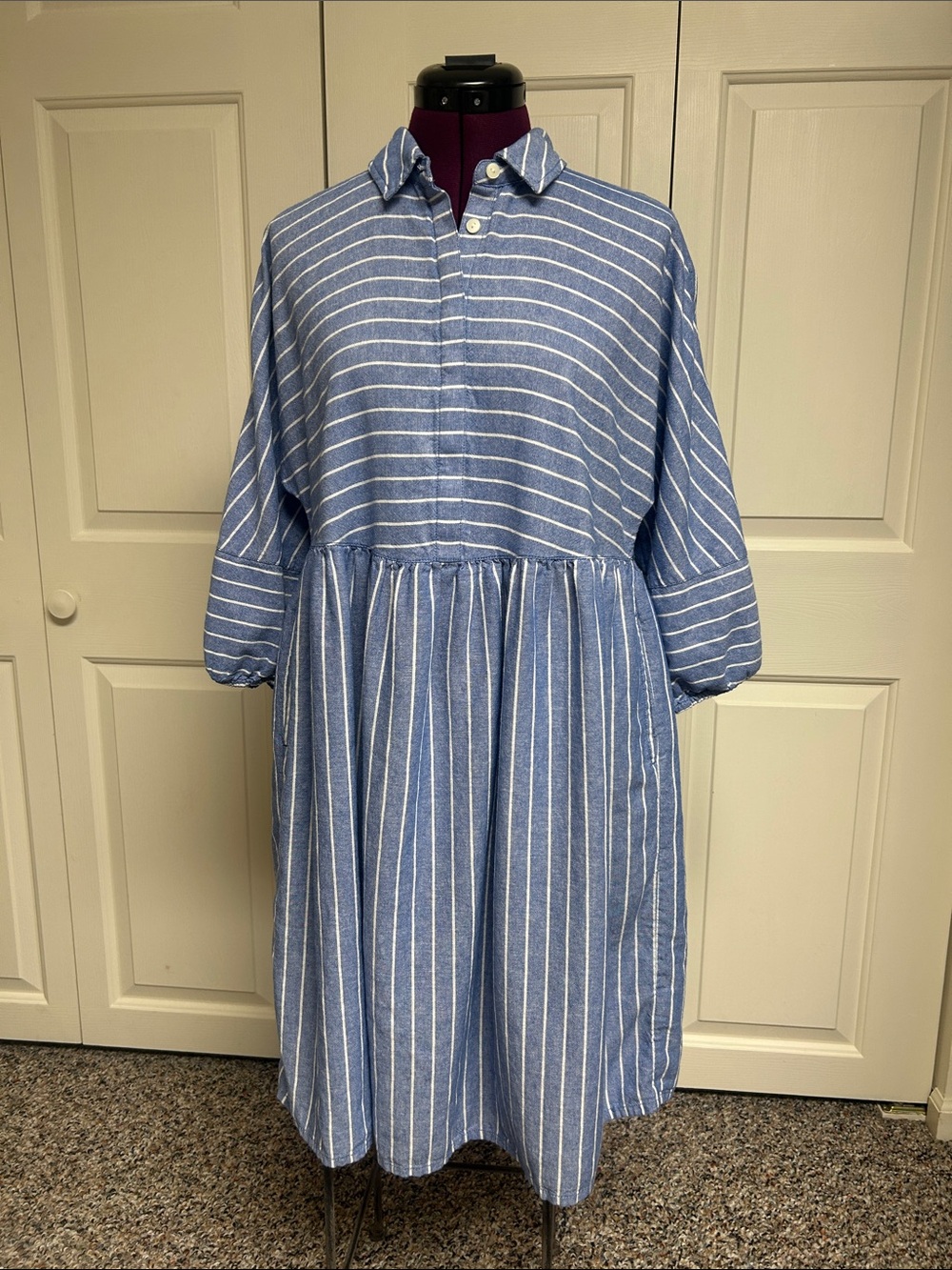 Caslon by Nordstrom Stripe Long Sleeve Linen Blend Dress Size XS